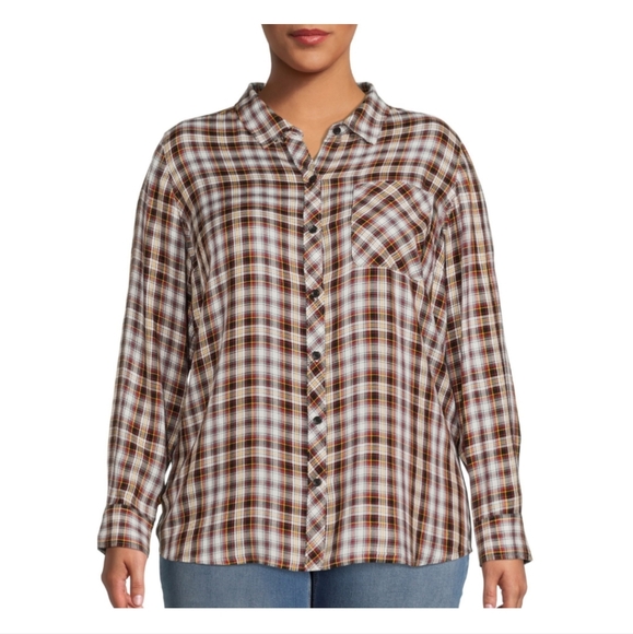 Terra & Sky Women's Plus Size Long Sleeve Plaid Button Shirt - Picture 1 of 3